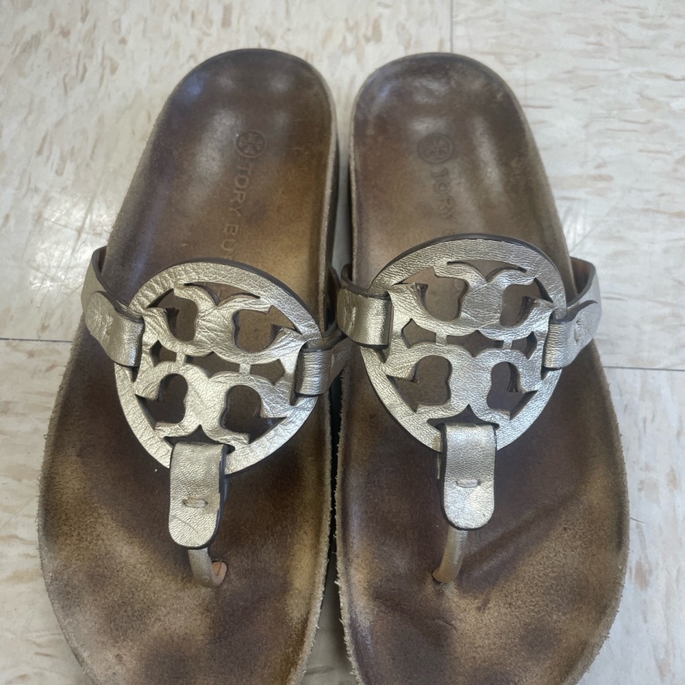 Tory Burch Gold Slide Sandals leather millet